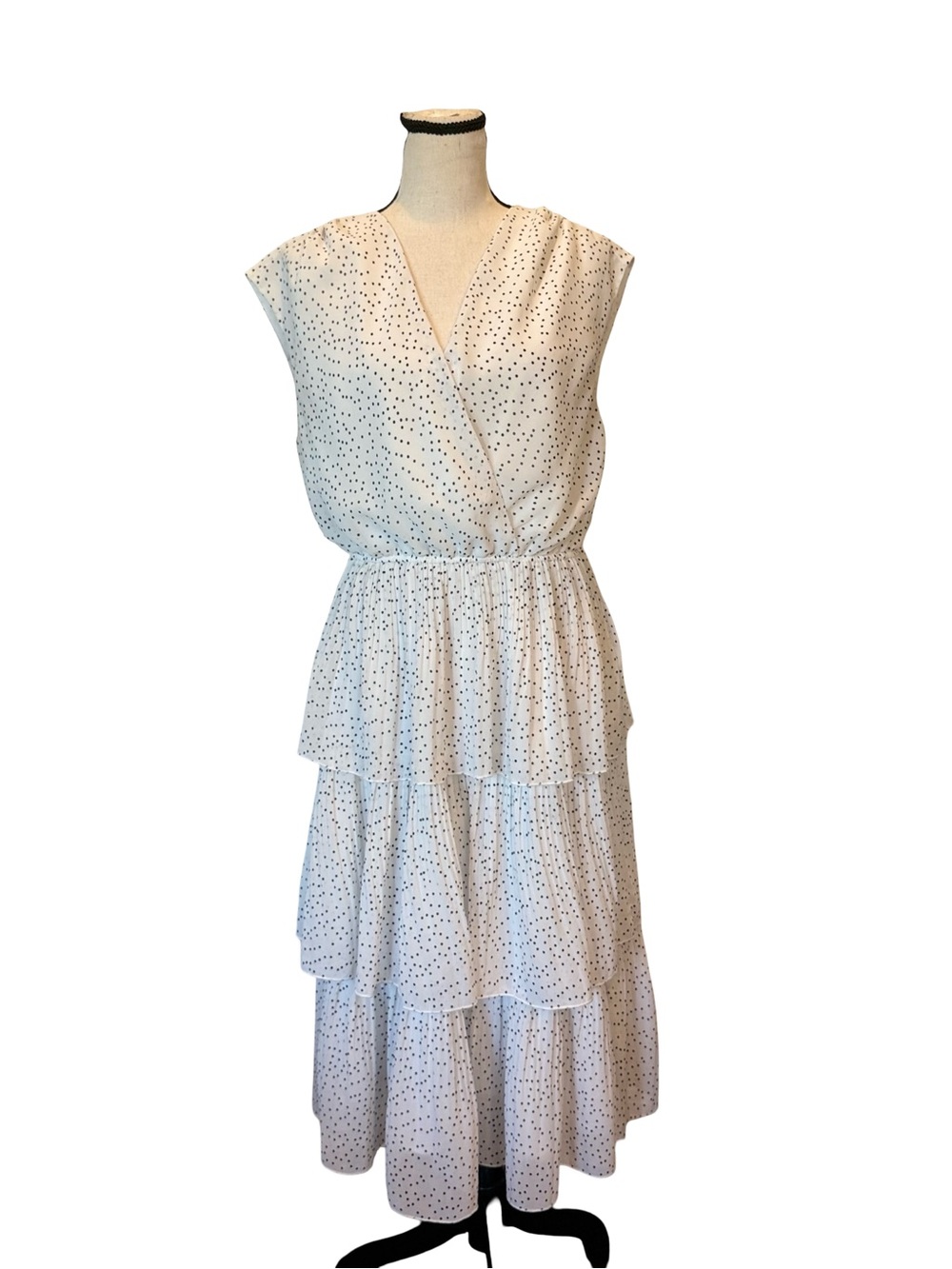 WD.NY White Black Polka Dot Tiered Midi Dress Large Surplice V Neck Sleeveless